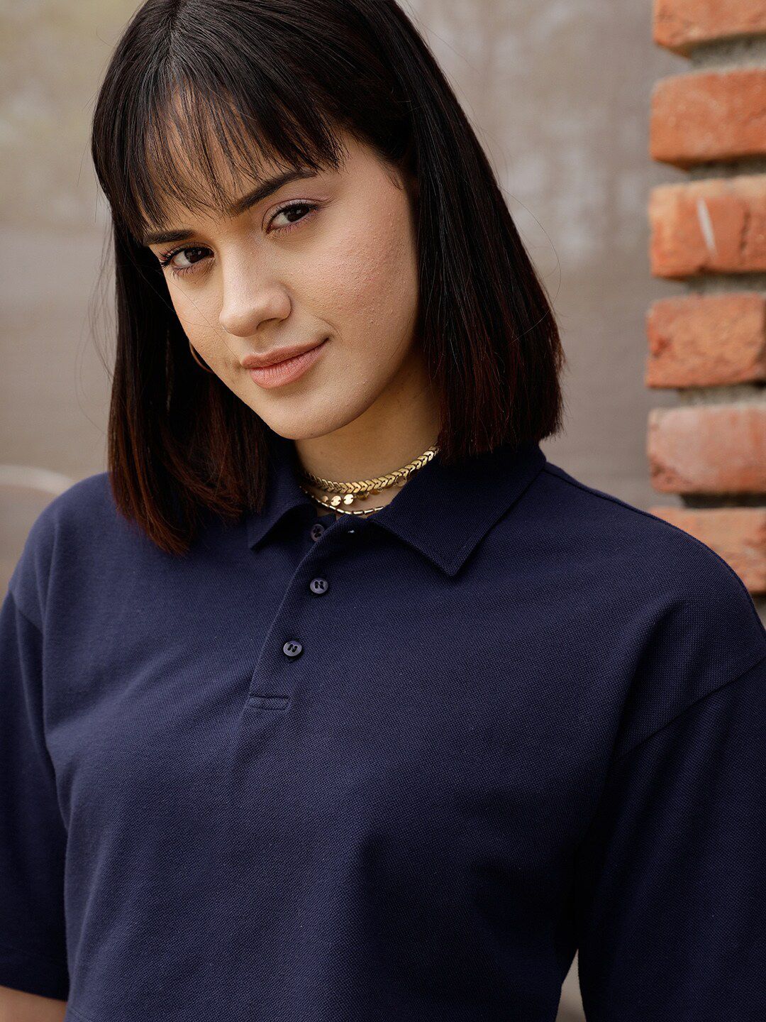 STREET 9 BASICS Navy Blue Polo Collar Drop Shoulder Sleeves Crop Pure Cotton Oversized T-shirt