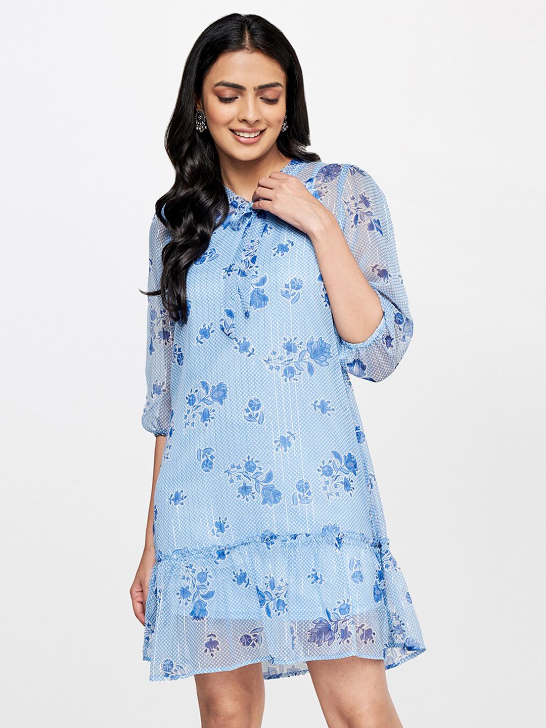 Global Desi Floral Tie-Up Neck A-Line Dress