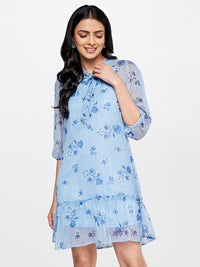 Global Desi Floral Tie-Up Neck A-Line Dress