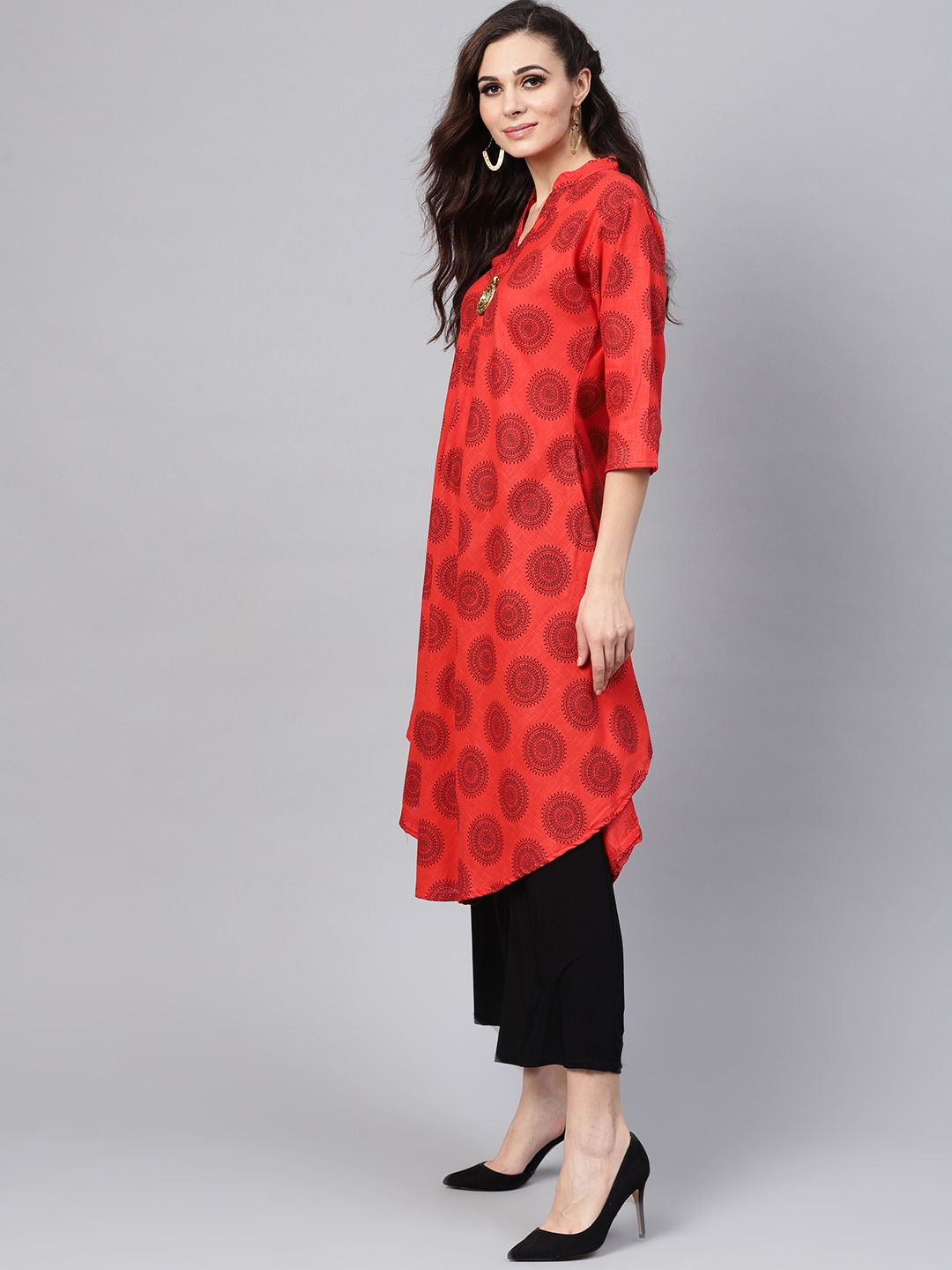 SOJANYA Kurta A-Line Bercetak Merah & Hitam