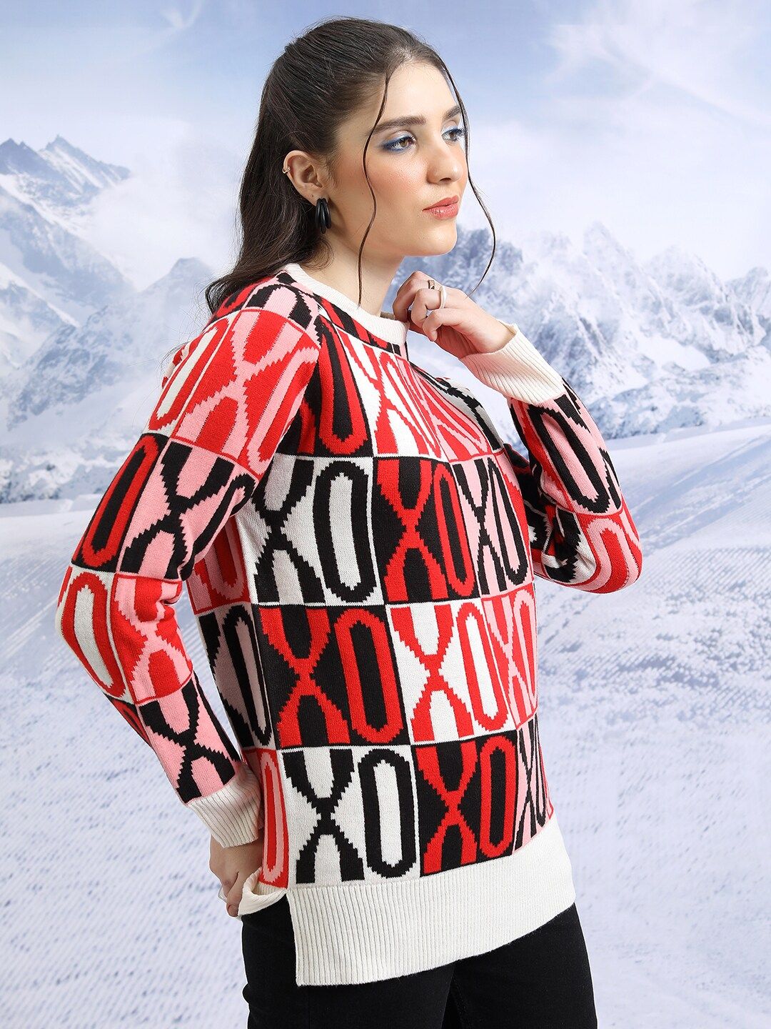 Tokyo Talkies White Self Design Acrylic Pullover Sweater