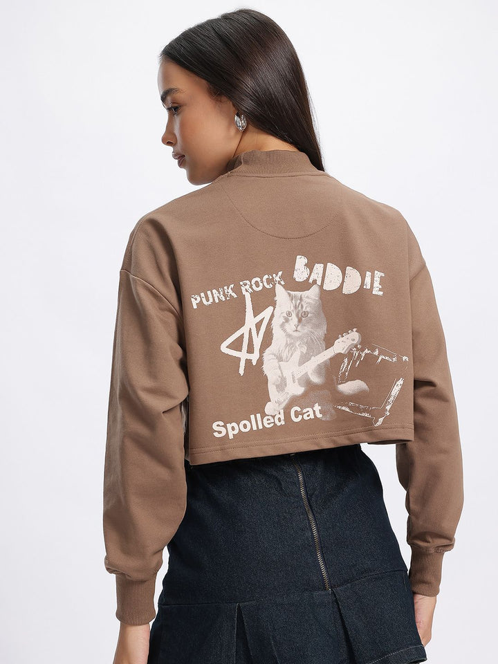 DressBerry Musical Cat Printed Drop-Shoulder Crop Sweatshirt
