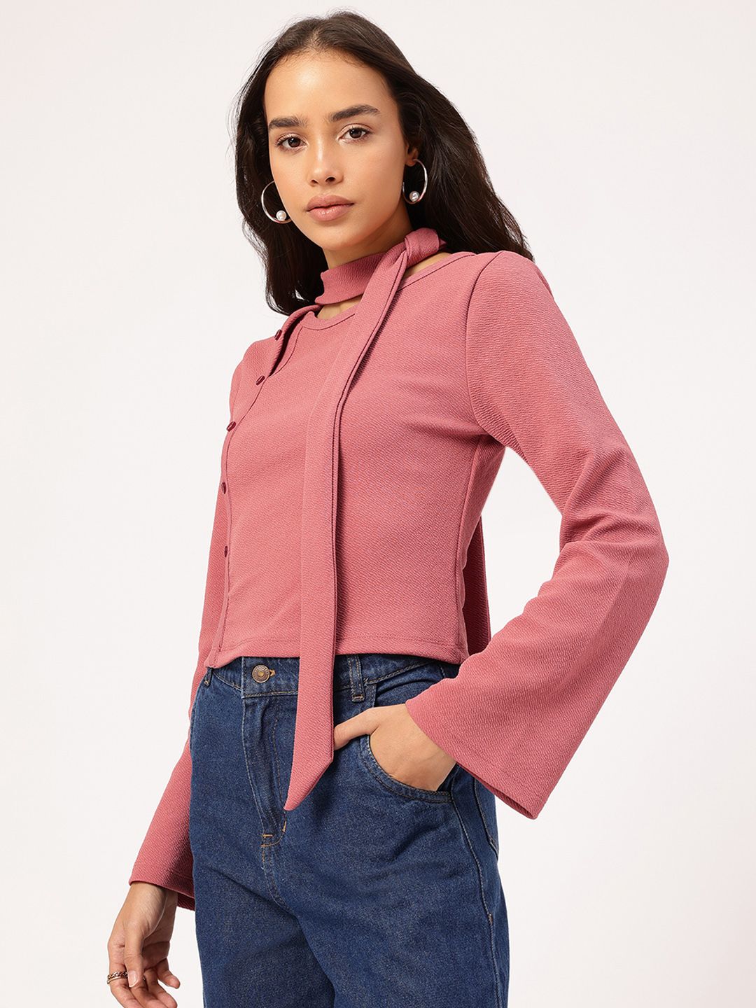 DressBerry Street Texture Button Detail Scarf Neck Top