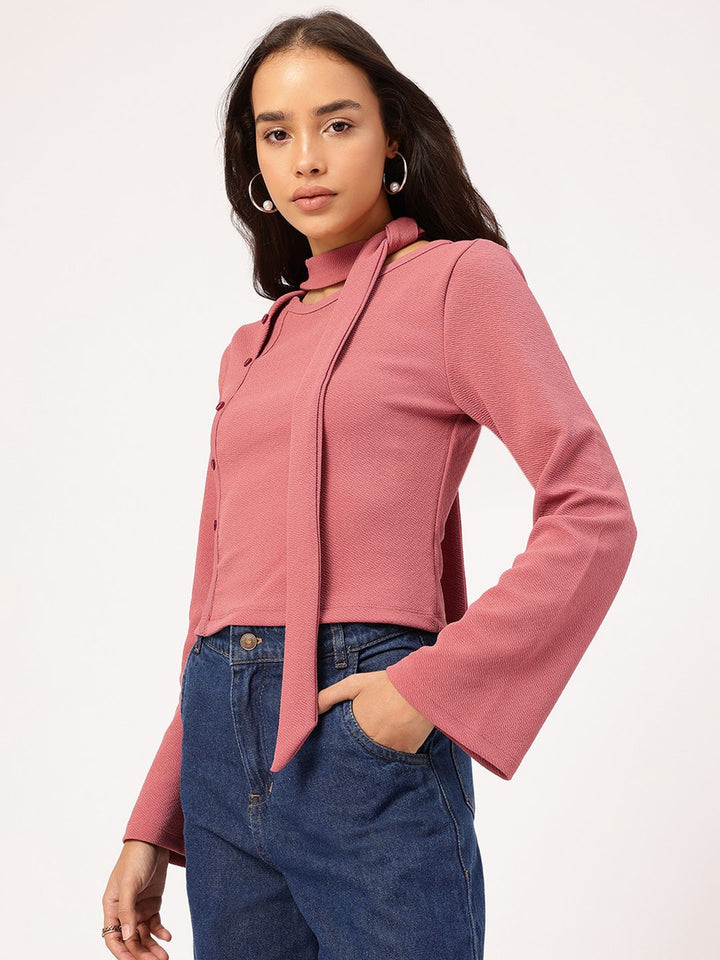 DressBerry Street Texture Button Detail Scarf Neck Top