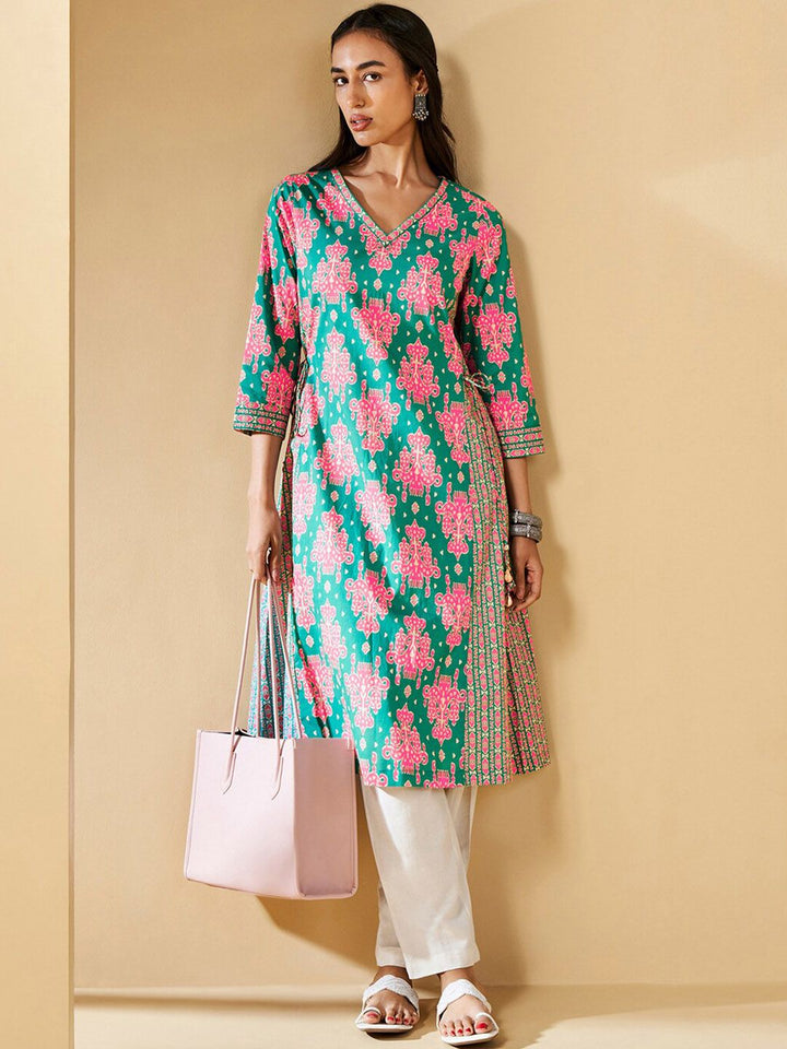 Global Desi Ethnic Printed V-Neck Sleeves Pure Cotton A-Line Kurta