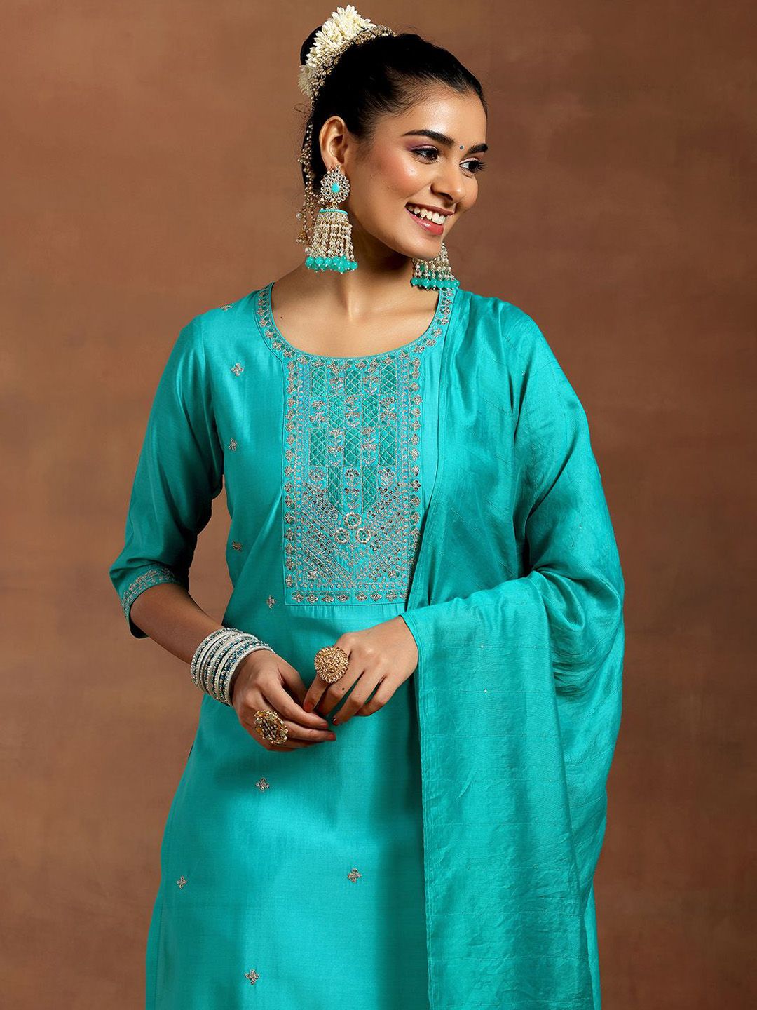 Gerua By Libas Floral Embroidered Sequinned Straight Kurta With Trouser & Dupatta