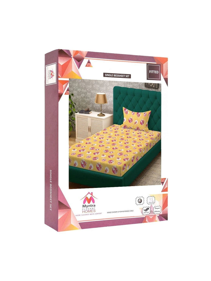 Myntra Elegant Homes Yellow & Pink Printed 400 TC Single Bedsheet & Pillow Cover-2.25x1.5m