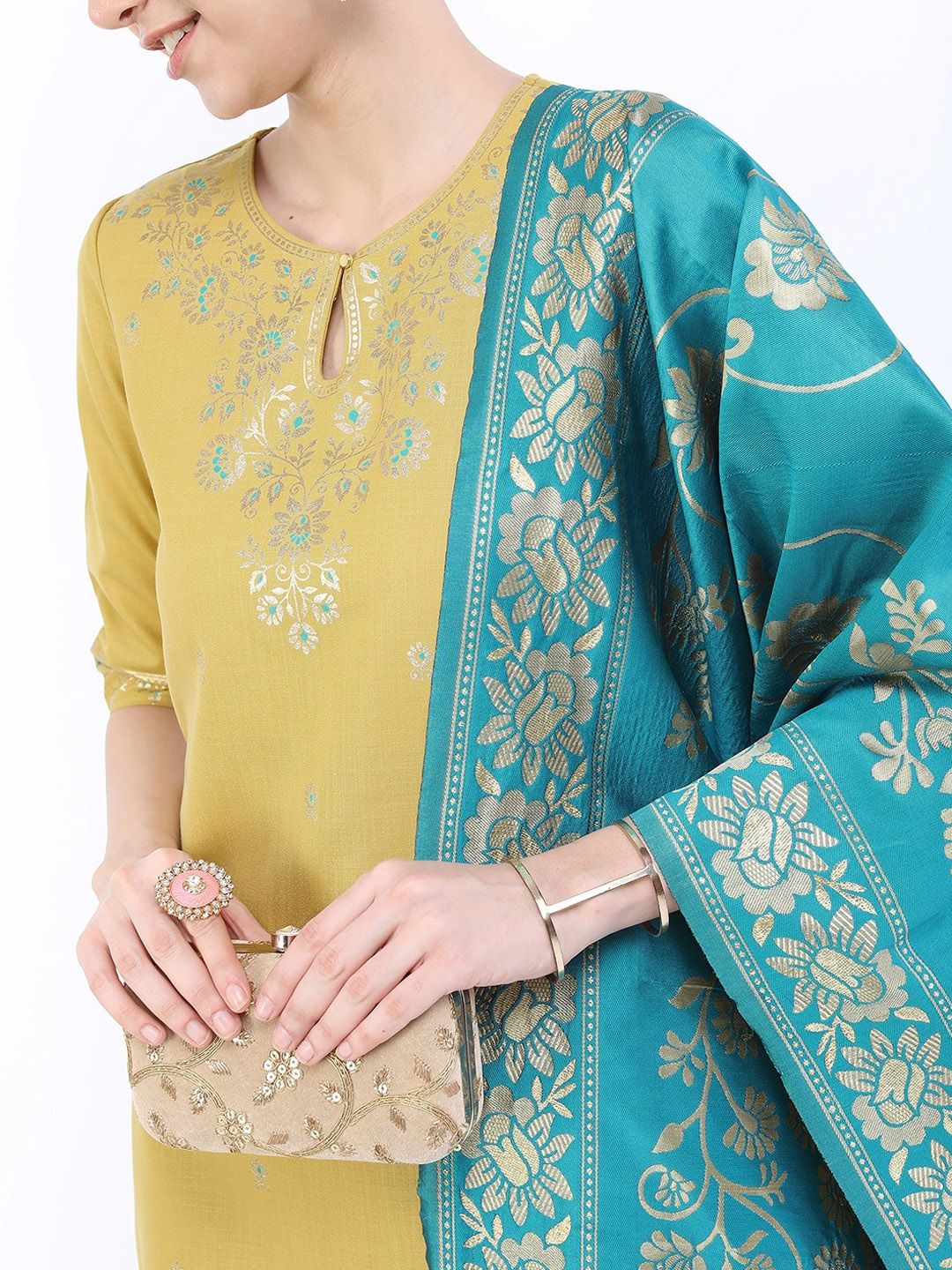 Vishudh Women Yellow Ethnic Motifs Embroidered Kurta with Palazzos & With Dupatta