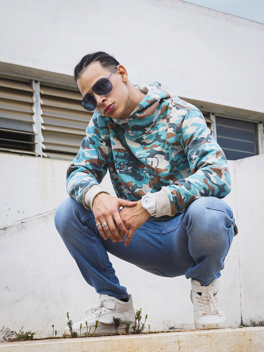 The Indian Garage Co Men Beige & Turquoise Blue Printed Hooded Sweatshirt