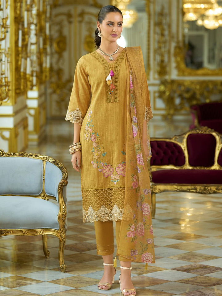 Varanga Floral Embroidered V-Neck Thread Work Pure Cotton Kurta With Trousers And Dupatta