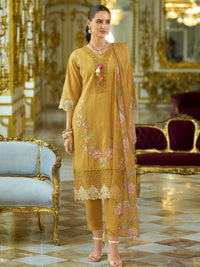 Varanga Floral Embroidered V-Neck Thread Work Pure Cotton Kurta With Trousers And Dupatta