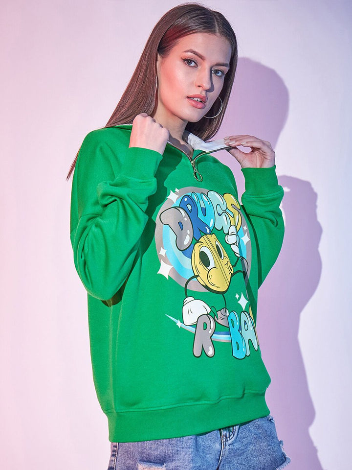 STREET 9 Green Graphic Printed Fleece Sweatshirt