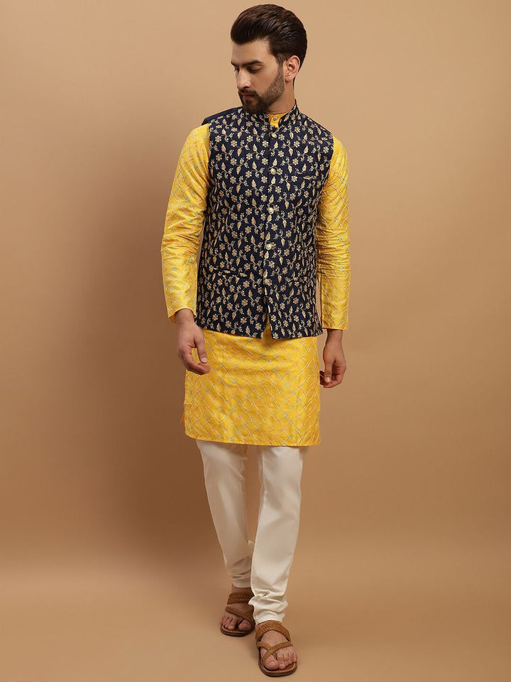 SOJANYA Geometric Embroidered Regular Kurta With Churidar & Nehru Jacket