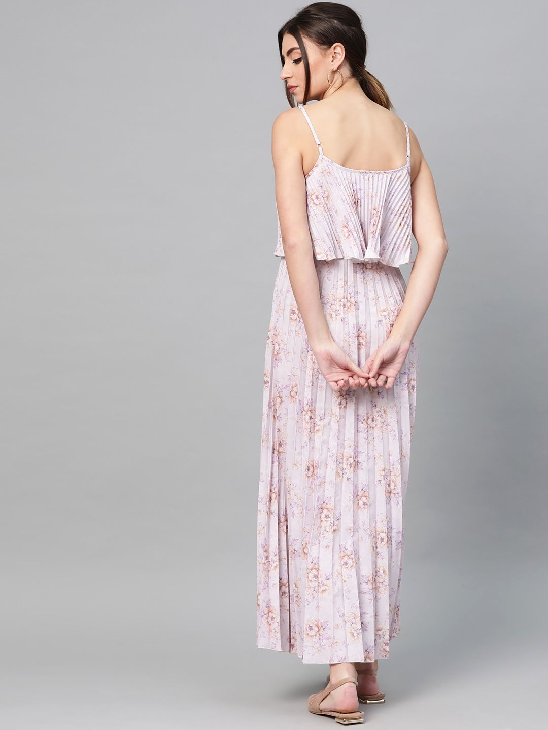 SASSAFRAS Beige & Lavender Floral Printed Accordian Pleat Maxi Dress