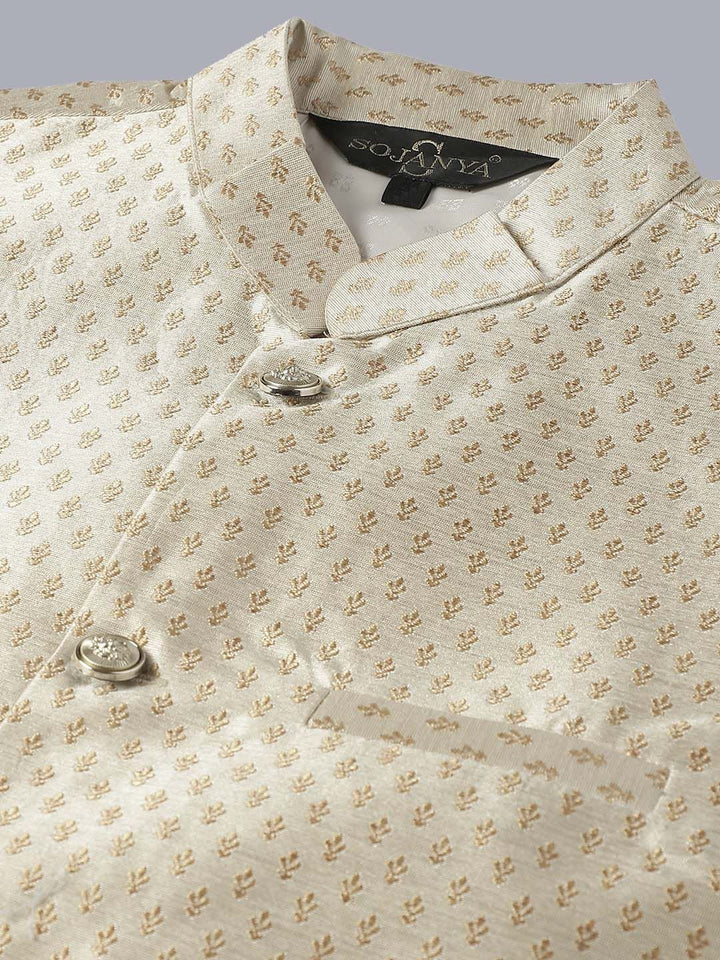 SOJANYA Mandarin Collar Embroidered Thread Work Kurta with Churidar & Nehru Jacket