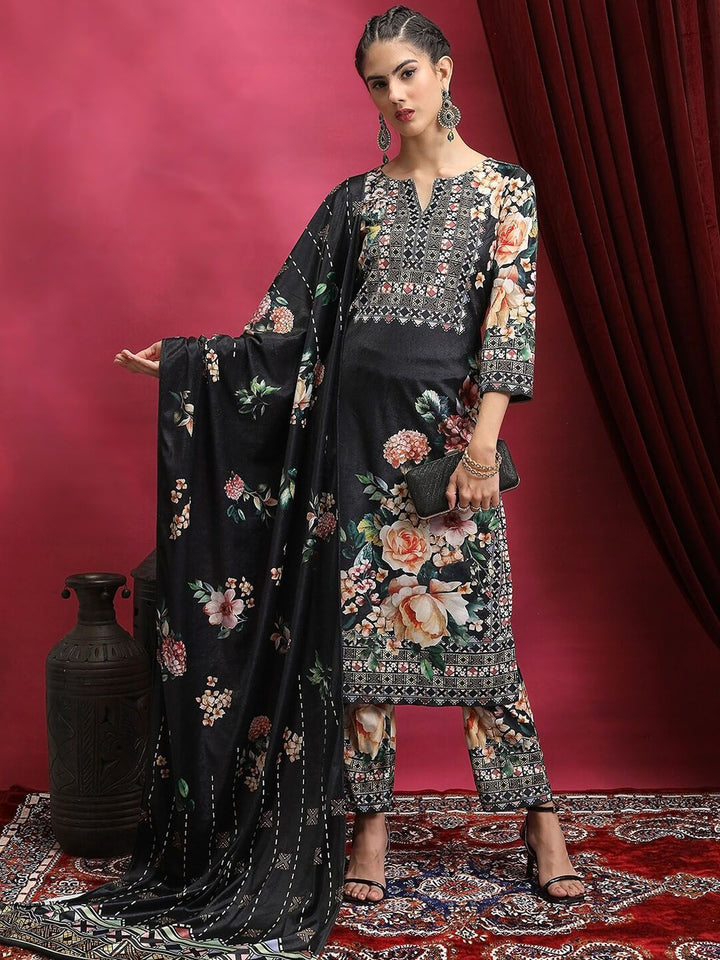 Vishudh Black Floral Printed Regular Kurta With Trousers & Dupatta