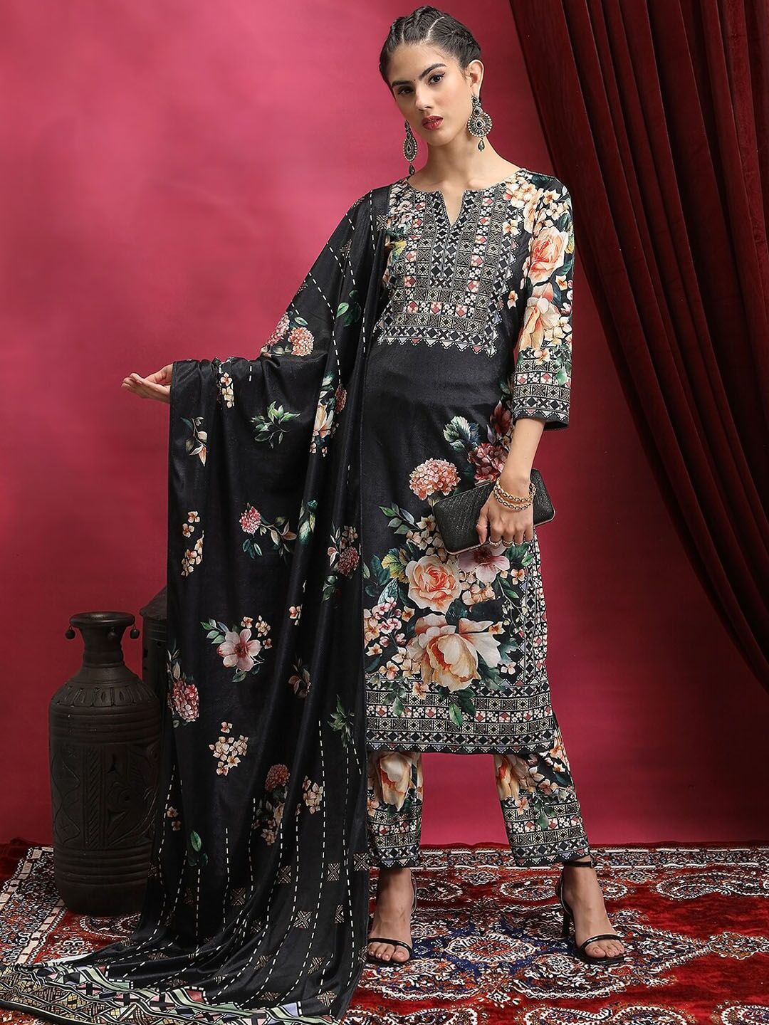 Vishudh Black Floral Printed Regular Kurta With Trousers & Dupatta