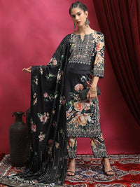 Vishudh Black Floral Printed Regular Kurta With Trousers & Dupatta