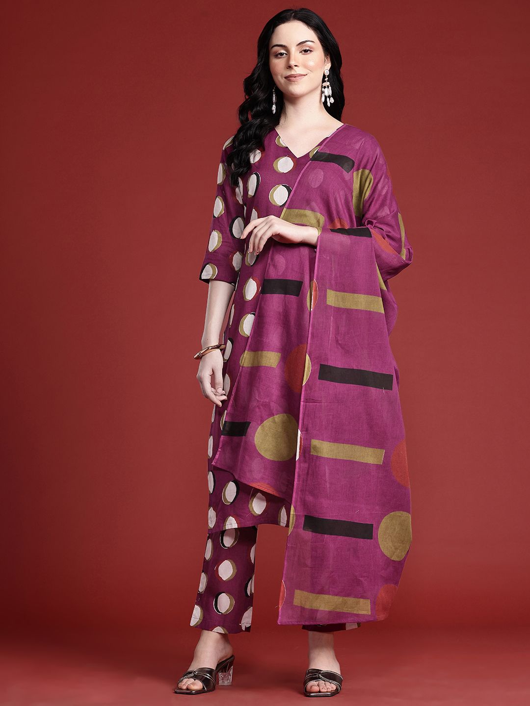 Anouk Geometric Printed Kurta with Trousers & With Dupatta