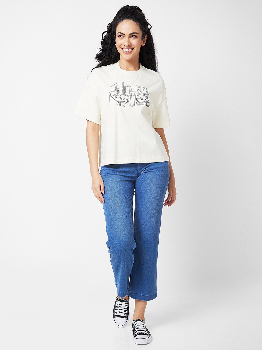 SPYKAR Typography Printed Drop Shoulder Sleeves Oversized T-shirt
