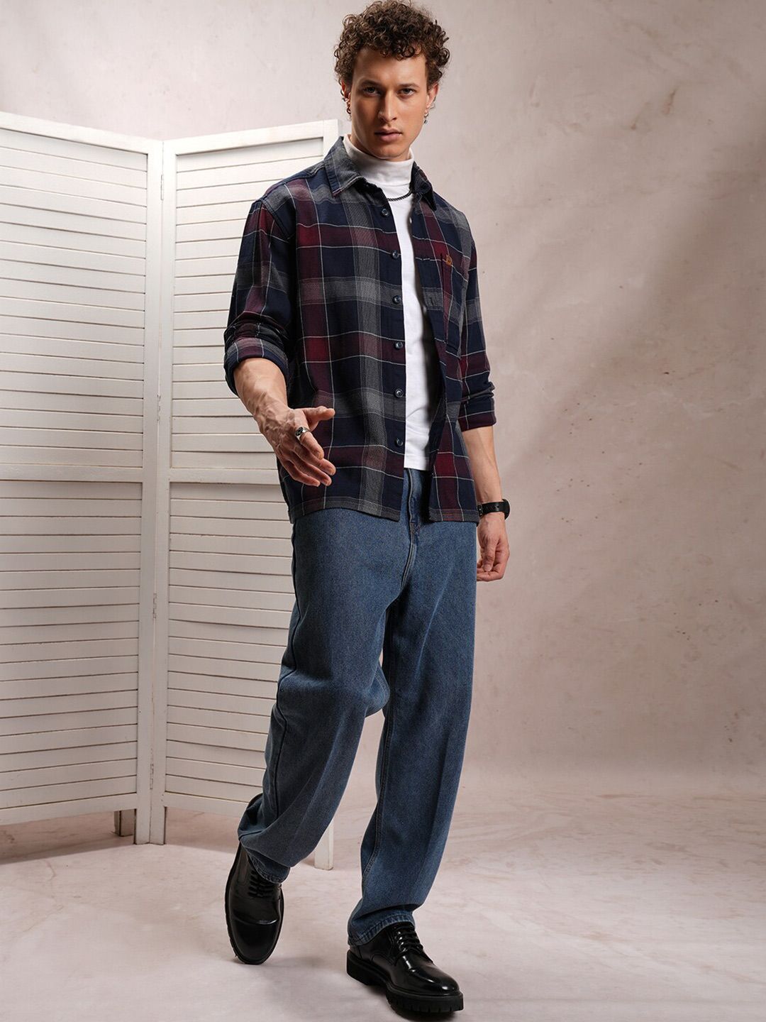 LOCOMOTIVE Premium Fit Tartan Checked Dobby Textured Oversized Shacket