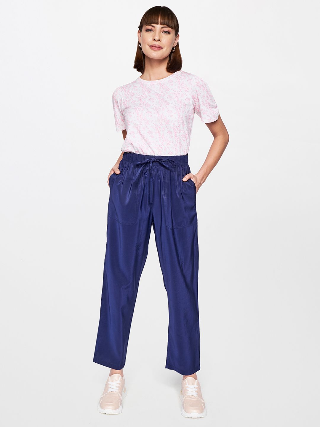 AND Women Navy Blue Straight Fit Pleated Trousers