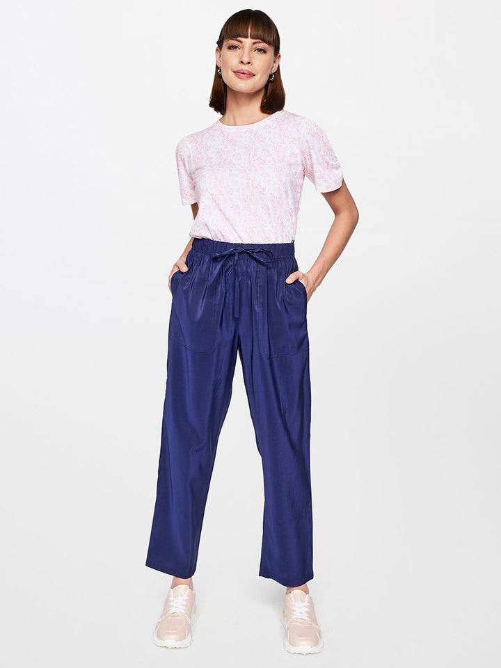 AND Women Navy Blue Straight Fit Pleated Trousers