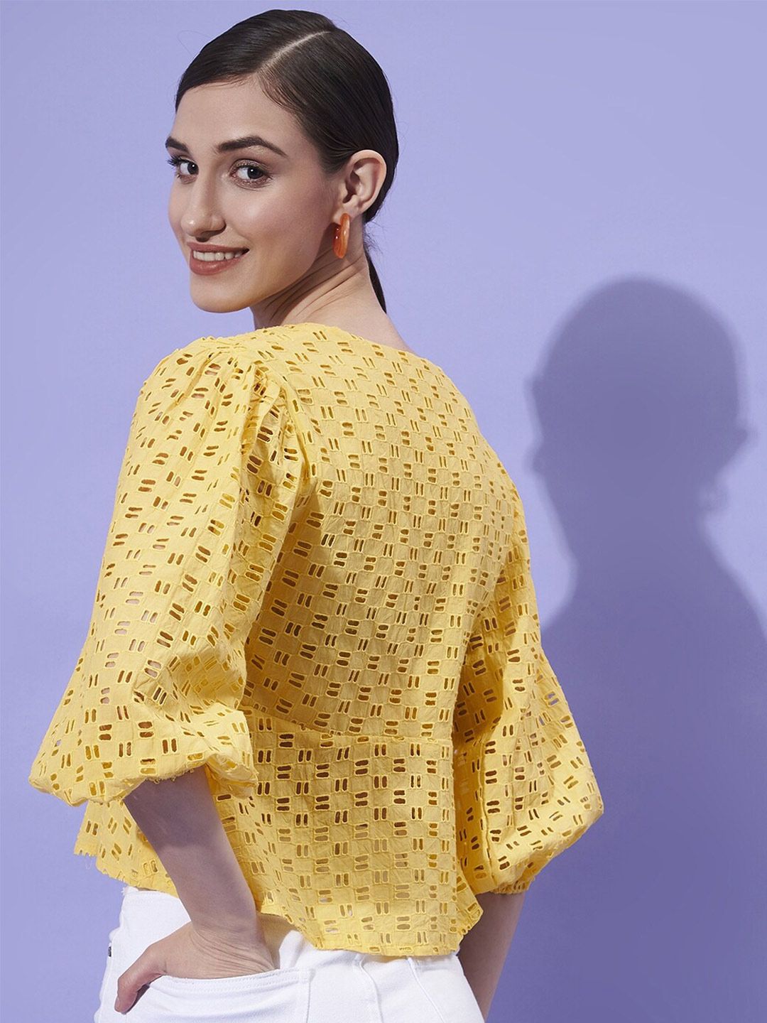 Athena Schiffli Self Design V-Neck Puff Sleeves Empire Top