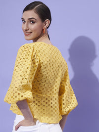 Athena Schiffli Self Design V-Neck Puff Sleeves Empire Top