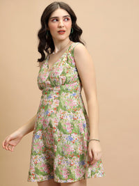 Tokyo Talkies Pink & Green Floral Printed A-Line Mini Dress