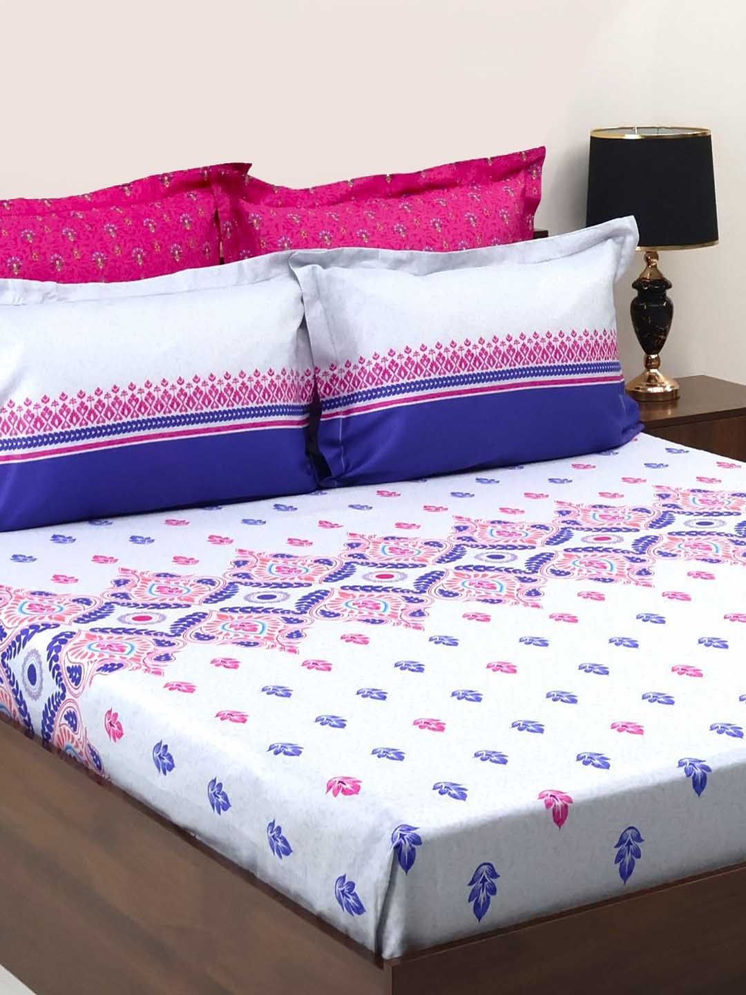 BOMBAY DYEING Celebrating India Blue Printed Cotton 300 TC King Bedsheet Set 2.74 x 2.74 m