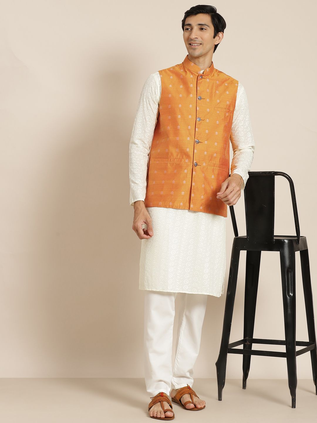 SOJANYA Men Cream-Coloured Chikankari Pure Cotton Kurta with Churidar & Nehru Jacket