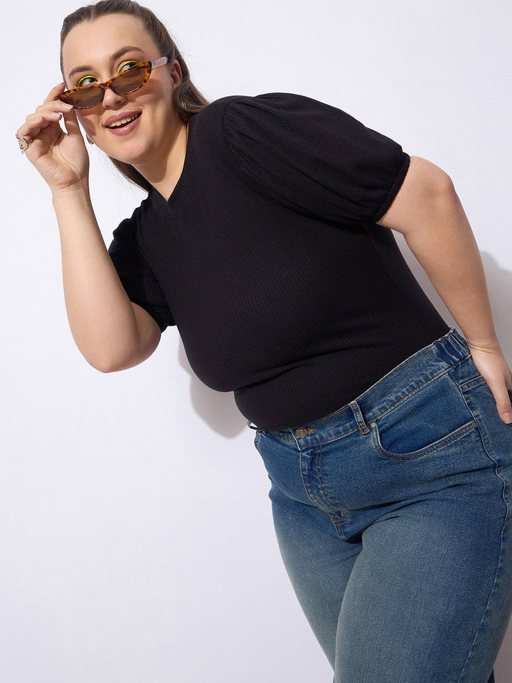 SASSAFRAS Women Round Neck Puff Sleeve Top