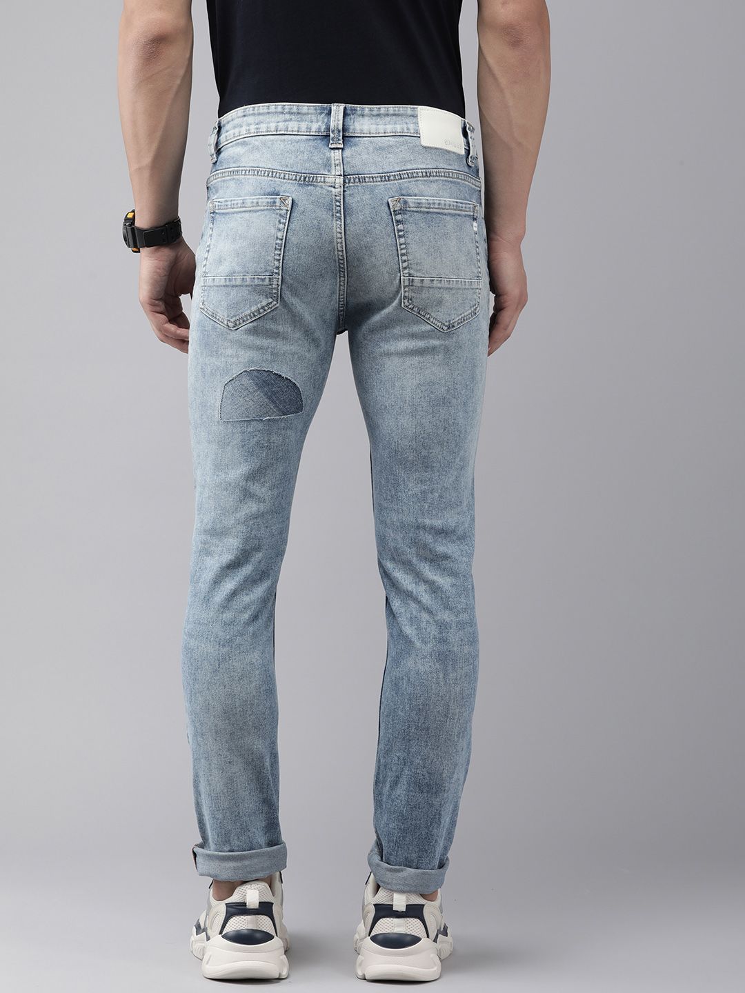 SPYKAR Men Regular Fit Low-Rise Mildly Distressed Stretchable Jeans With Patchwork Detail