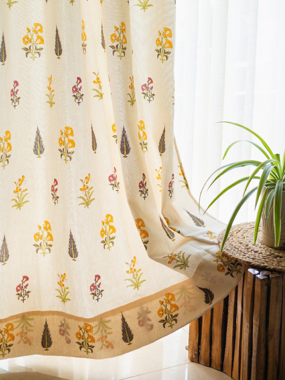 URBAN SPACE Yellow & Green 2-Pieces Floral Cotton Window Curtains