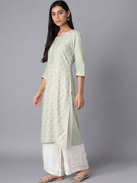 W Women Green & White Floral Printed Thread Work Kurta