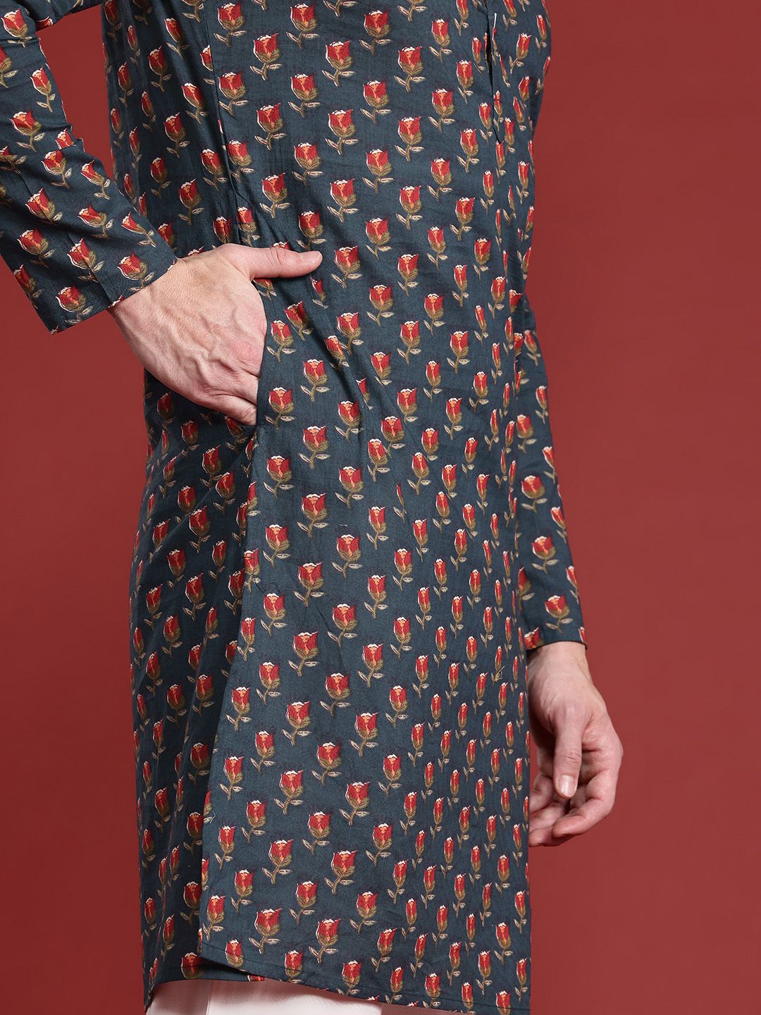 Anouk Band Collar Floral Printed Pure Cotton Kurta