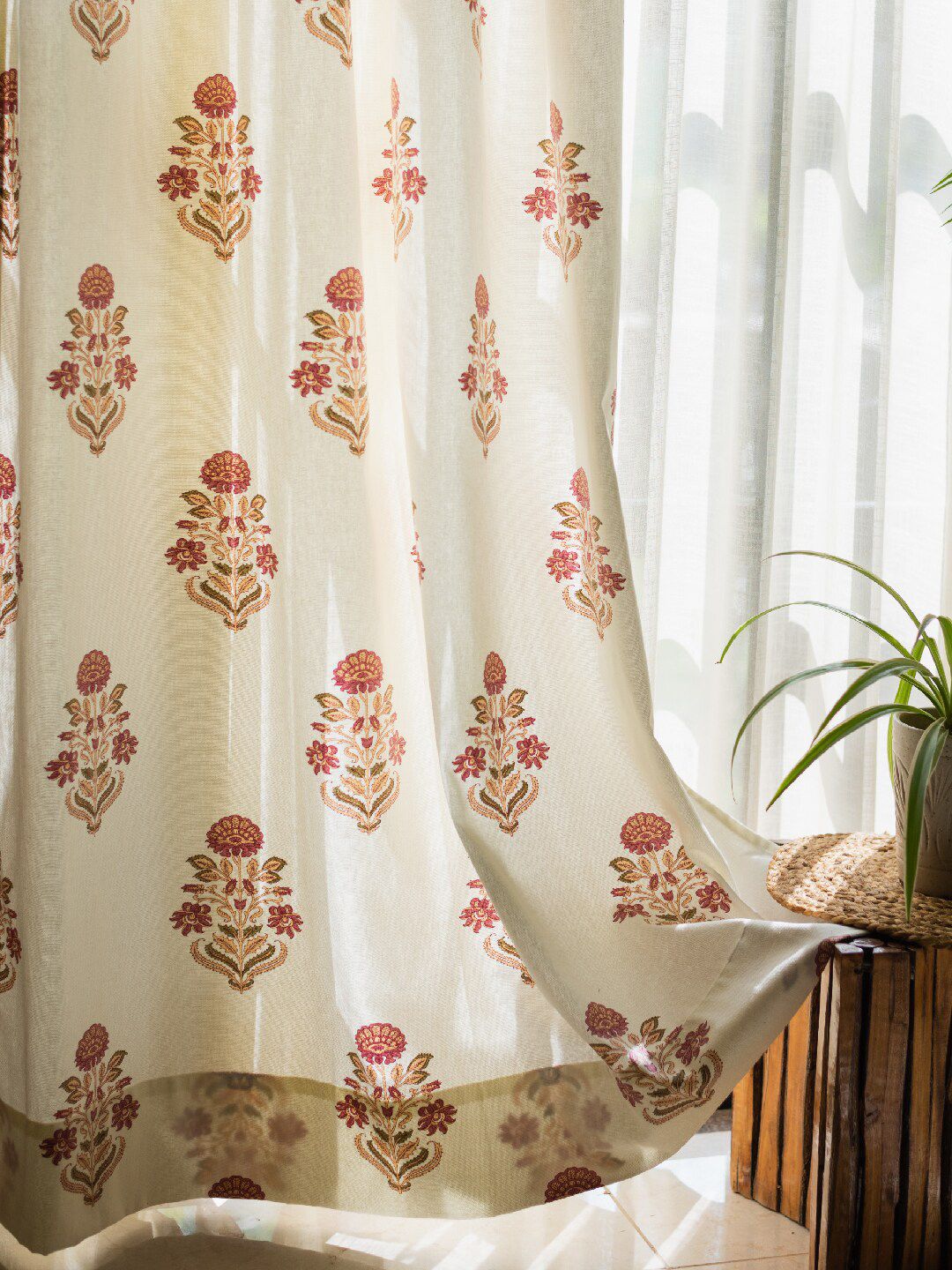 URBAN SPACE Off White & Maroon 2-Pieces Ethnic Motifs Cotton Long Door Curtains