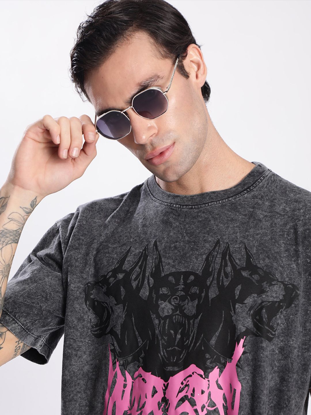Bene Kleed Men Graphic Printed Acid Wash Cotton Oversized T-shirt