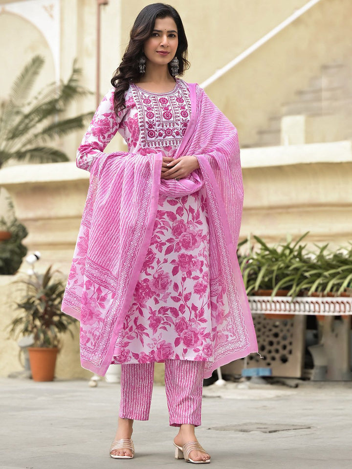 KALINI Floral Printed Embroidered Thread Work Straight Kurta With Trousers & Dupatta
