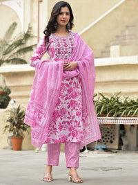KALINI Floral Printed Embroidered Thread Work Straight Kurta With Trousers & Dupatta