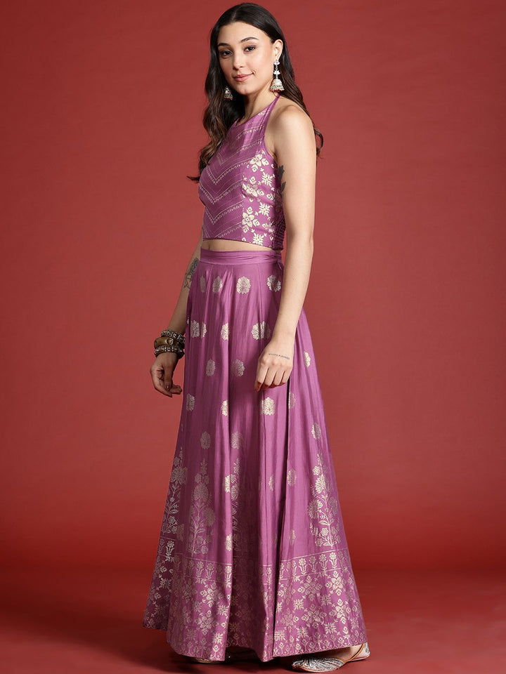 Anouk Printed Ready to Wear Halter Neck Smocked Lehenga & Blouse With Dupatta