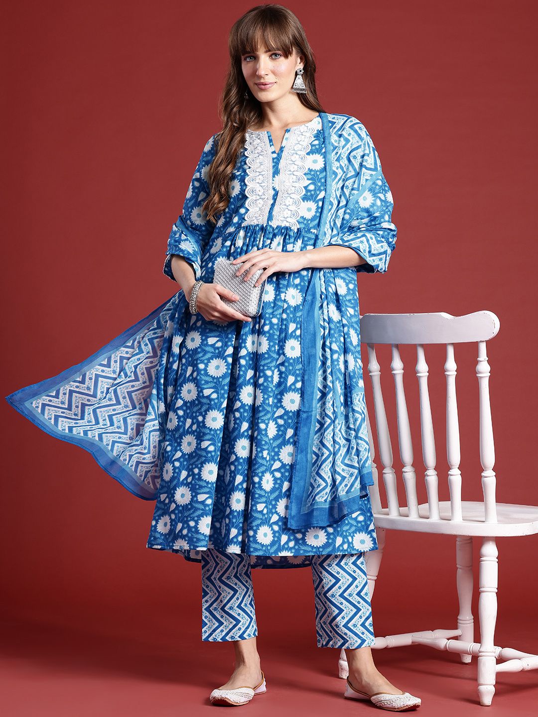 Anouk Floral Print Pleated Thread Work Kurta with Trousers & Dupatta