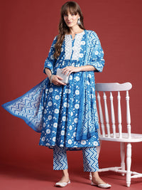 Anouk Floral Print Pleated Thread Work Kurta with Trousers & Dupatta
