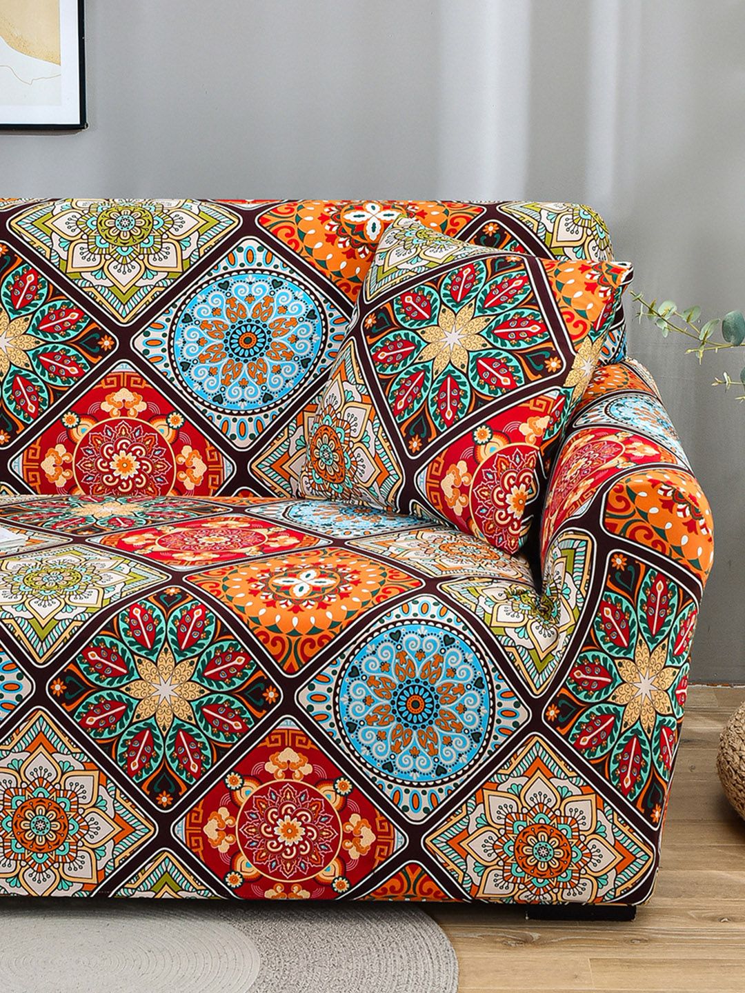 Story@home Orange & Yellow Printed 3 Seater Stretchable Sofa Cover With Arms