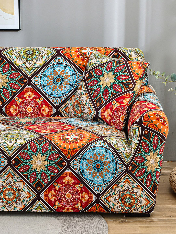 Story@home Orange & Yellow Printed 3 Seater Stretchable Sofa Cover With Arms