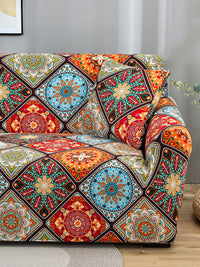 Story@home Orange & Yellow Printed 3 Seater Stretchable Sofa Cover With Arms