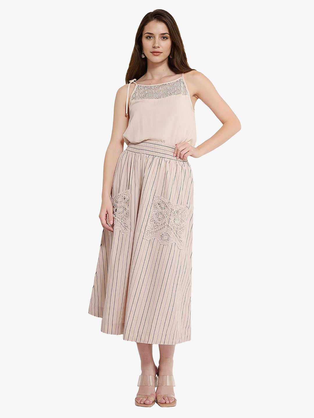 RAREISM Striped Flared Midi Skirts
