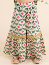 pspeaches Girls Off White Floral Yoke Design Empire Pure Cotton Kurti with Skirt & With Dupatta