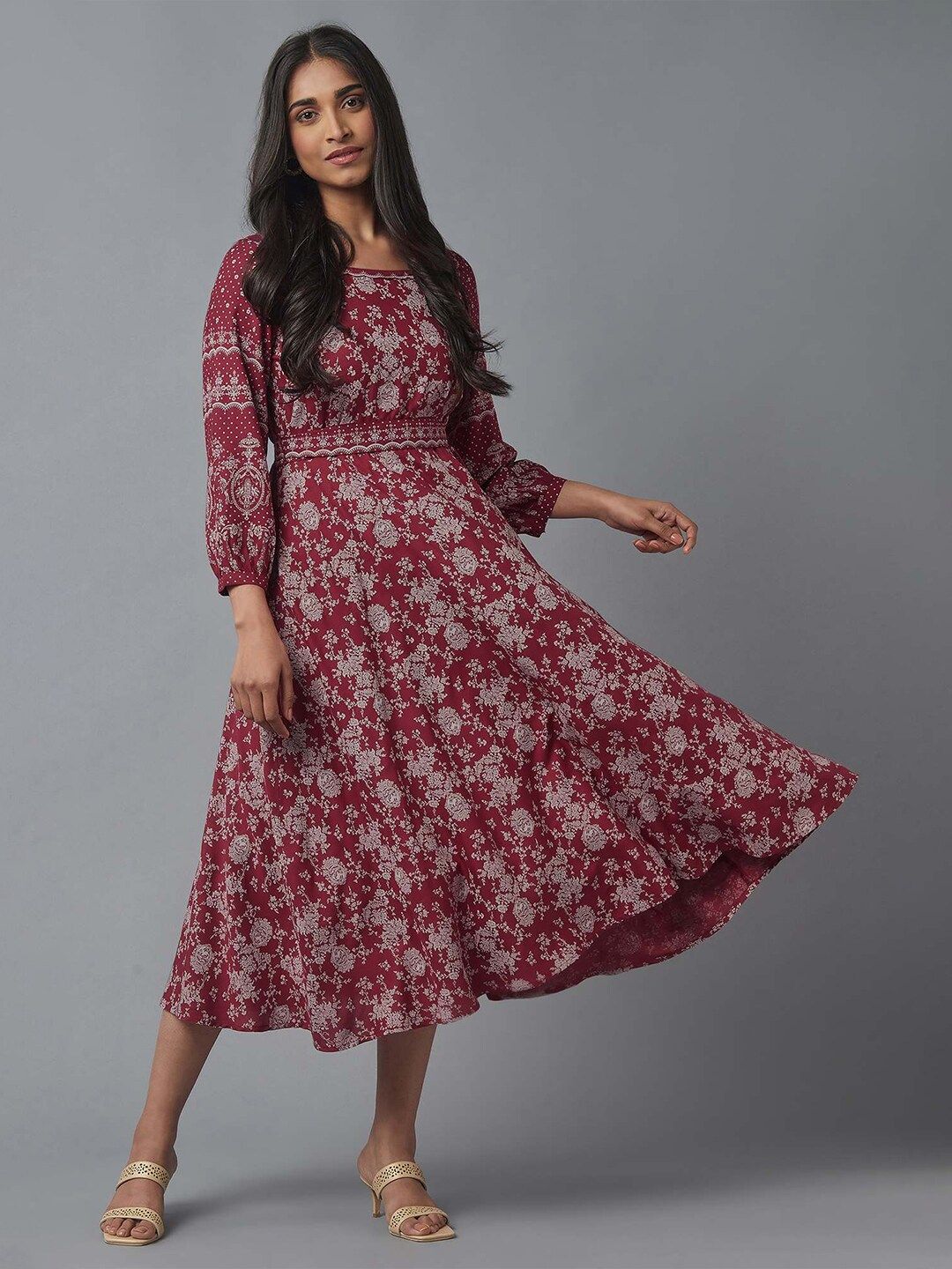 W Maroon & Grey Ethnic Motifs Ethnic Midi Dress